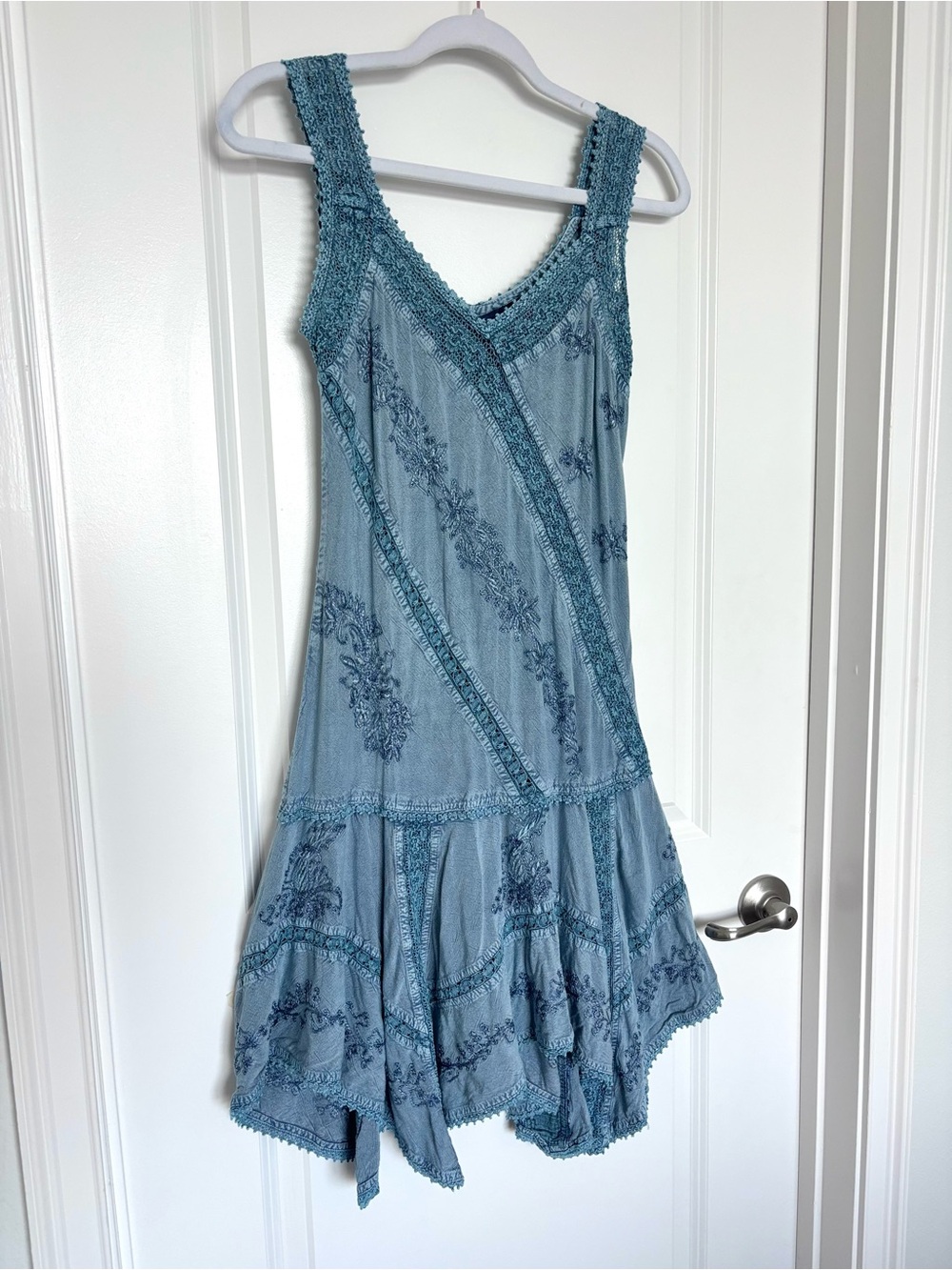 Vintage Coline Blue Embroidered Lace Up Denim Dress S Boho Fairy Festival Y2K